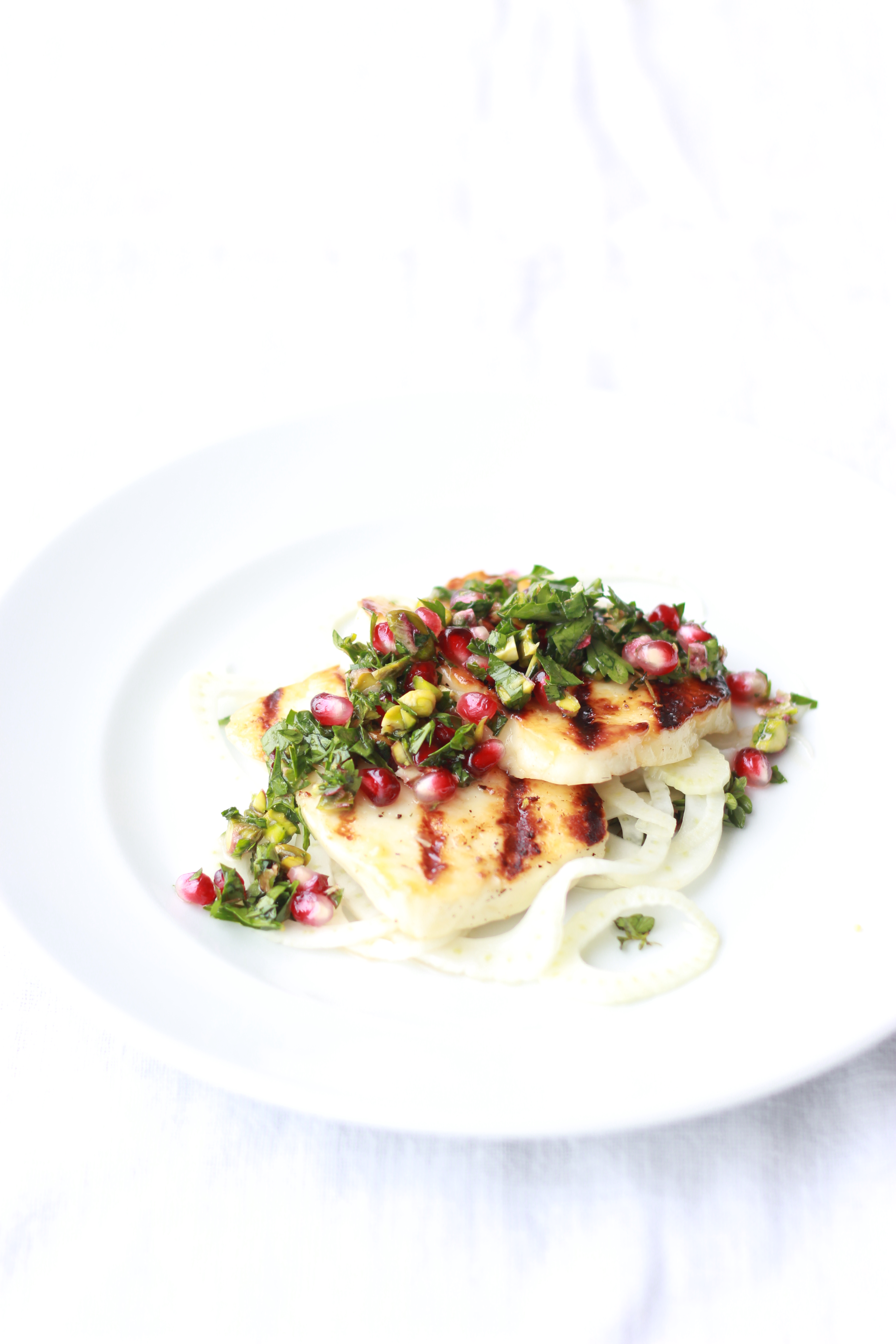 Honey + Thyme Marinated Halloumi with Pickled Fennel + a Pomegranate, Pistachio + Salsa