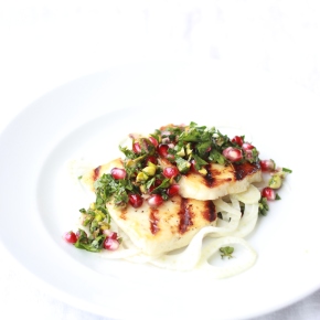 Honey + Thyme Marinated Halloumi with Pickled Fennel + a Pomegranate, Pistachio Salsa
